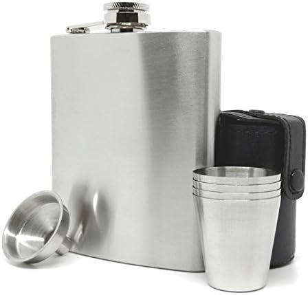 Hoffenheim Craftworks Classic Matte Style Stainless Steel 7 oz. Liquor Hip Flask Set with Funnel, Cups and Carrier