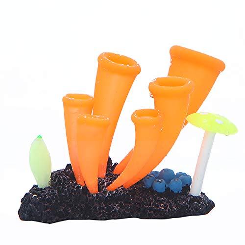 Uniclife Glowing Effect Ox Horn Coral Ornament Silicone Decor for Fish Tank Aquarium, Orange