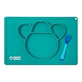 Silicone Placemat + Baby Spoon By Happy Monkey - One-Piece Food Mat With Plate & Bowl for Kids & Toddler - 4 Sections - Non Slip Tray, Secure Suction (Blue)