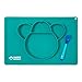 Silicone Placemat + Baby Spoon By Happy Monkey - One-Piece Food Mat With Plate & Bowl for Kids & Toddler - 4 Sections - Non Slip Tray, Secure Suction (Blue)