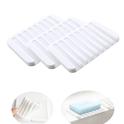 Soap Dish Tray Saver Holder Drainer Shower Waterfall for Bathroom, Kitchen, Counter Top, Sink, Keep Bars Dry Easy Cleaning Flexible Silicone, White, 3 Pack