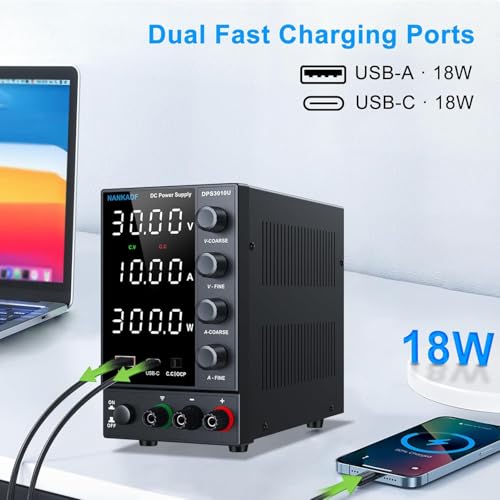 NANKADF Laboratory Power Supply 30V 10A, Variable DC Power Supply with USB A/Type C Fast Charging Port, Laboratory Power Supply with High Precision 4-Digit LED Display Transmitter Adjustment Button