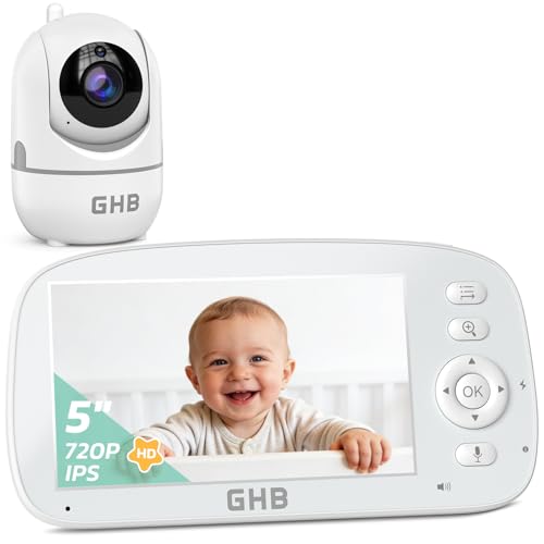 GHB Baby Monitor Video and Audio 5'' 720P Screen 5000mAh, 350°/110°, Temperature Detection, VOX, Bidirectional Intercom, Integrated Lullaby