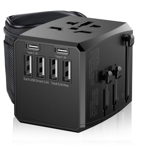 Carregador Universal com Adaptadores de Viagem, Adaptador de Tomada CA com Alimentação Inteligente de 6A 4 Portas USB A e 2 USB Tipo C de 3A para USA EU UK AUS(Bolsa de Viagem Incluída)