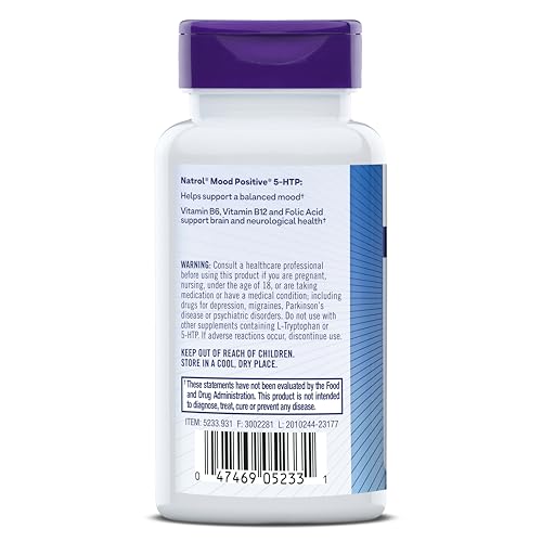 NATROL MOOD POSITIVE 5-HTP 50MG WITH L-THEANINE, VITAMIN B6, VITAMIN B12 AND FOLATE, DIETARY SUPPLEMENT HELPS SUPPORT A POSITIVE MOOD, 50 TABLETS, 25-50 DAY SUPPLY