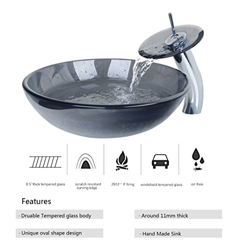 Ouboni Bathroom Round Grey Blue Clear Glass Vessel Sink Basin With