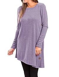 Mafulus - Vestido de túnica para mujer, casual, manga larga, cuello redondo, botón lateral, suelto, camiseta