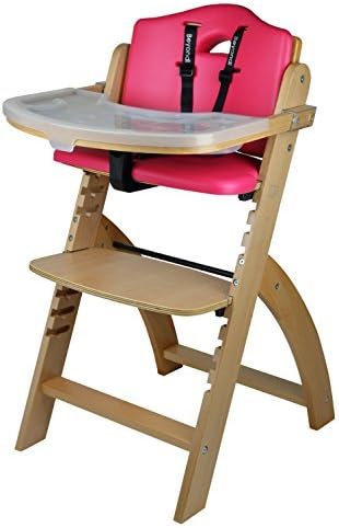 Abiie Beyond Wooden High Chair with Tray. The Perfect Seating Highchair Solution for Your Child As Toddler's or a Dining Chair (6 Months &amp; up) (Natural - Raspberry Red Cushion) by Abiie