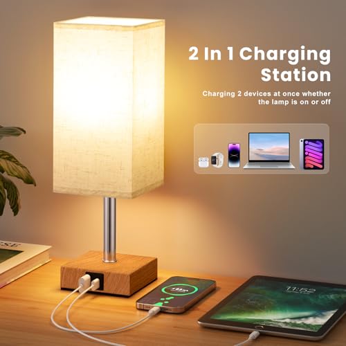 Aooshine Bedside Lamps, Table Lamp for Living Room Bedroom, Touch Lamps Bedside with USB A+C Charging Ports, Dimmable Bedroom Lamp with Fabric Shade for Kids Room, Study, Dorm, Office(Bulb Included)