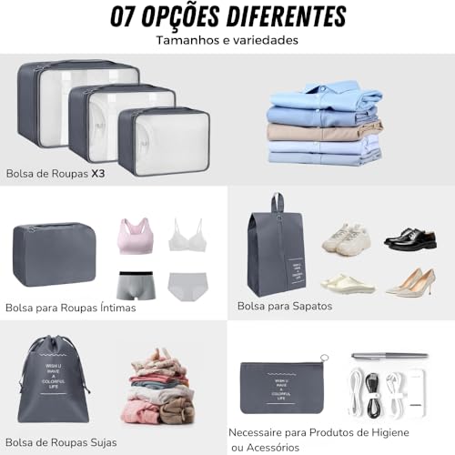 Kit Organizador de Malas para Viagem 7 Peças Conjunto Organizador Completo Bolsas Necessaire Sapatos Maquiagem Roupas Bagagem Organizada (Bege)