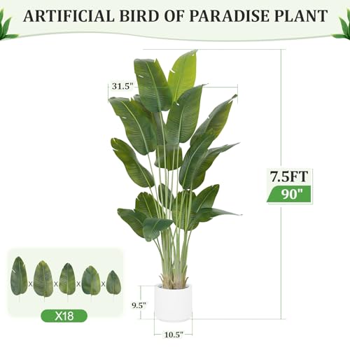 ZEEOZE Artificial Plant Bird of Paradise 230 cm Decorative Artificial Plants with 18 Banana Leaves, Large Indoor Artificial Plant with White Pot for Home Decoration Living Room Home Room Decor