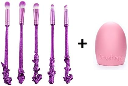 3 colors 5pcs Metal Handles Make Up Brushes Set Magic Wizard Wand Eye Makeup Brush Eyeshadow Blending Brushes Set with Free Brush Egg Cleaner Beauty Tools kit set (Purple)