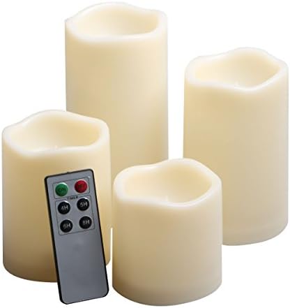 4 PCS Outdoor Flameless Candles with Remote and Timer, LED Pillar Candles, Waterproof Battery Operated Candles, Long Battery Life, Size 3"x3", 4", 5", and 6" (set of 4 ivory candle)