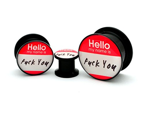 Black Acrylic Hello My Name Is Picture Plugs - Sold as a Pair (00g (10mm))