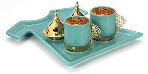 New 2017 Premium Ceramic Caftan Turkish Greek Arabic Coffee Espresso Serving Set for 2,Cups Tray Delight Sugar Dish with lid 7pc (turquoise Gold)