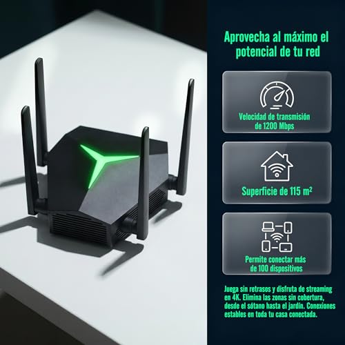 WiFi Repeater AC1200 1200Mbps, 1115㎡ Wide Coverage WiFi Extender, Supports 100+ Devices Simultaneously, 4 Antennas MIMO Technology & Ethernet Port