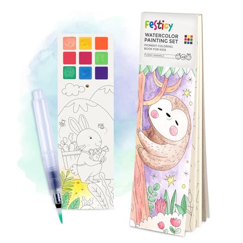 FESTICY Water Colouring Book for Children 25 Pages with Brush Tank Travel Games Without Dirt I Gift Birthday 4+ Years Old Creative Educational Activities