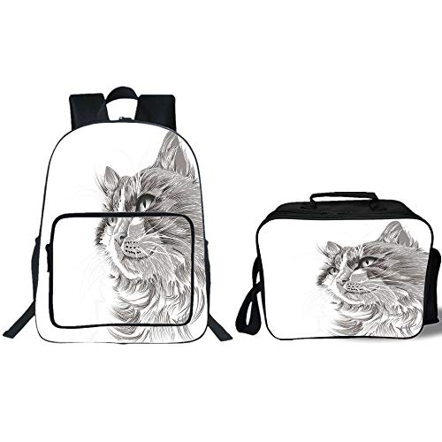 iPrint 19" School Backpack & Lunch Bag Bundle,Animal,Cat Head Portrait Furry Cute Head Kitten Domestic Meow Pet Drawing Illustration Decorative,Grey White,for Boys Girls