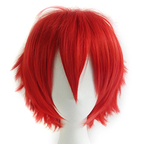 Alacos Synthetic Short Straight Red Fluffy Full Head Wig Men Women Spiky Hair Anime Cosplay Costume Party Wig