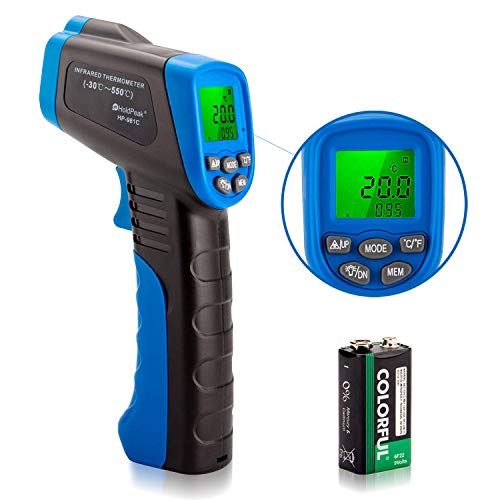 HOLDPEAK 981C Non-Contact Digital Laser Infrared Thermometer Temperature Gun Instant-read -58 to 1022℉ (-50 to 550℃) with 9V Battery and Emissivity 0.1-1.0(Adjustable)
