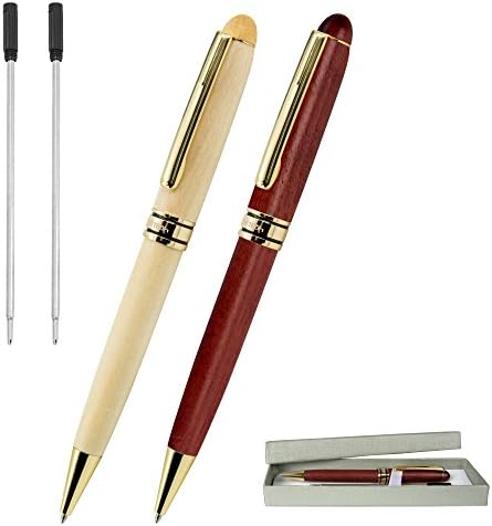 Ballpoint Pen, Ace Teah 2 Pack Wooden Retractable Ball Pens with 2 Refills Medium Point (1.0mm) Black Ink, Elegant Wood Twist Ballpoint Pens Gift Set for Signature Business - Maple Wood and Rosewood