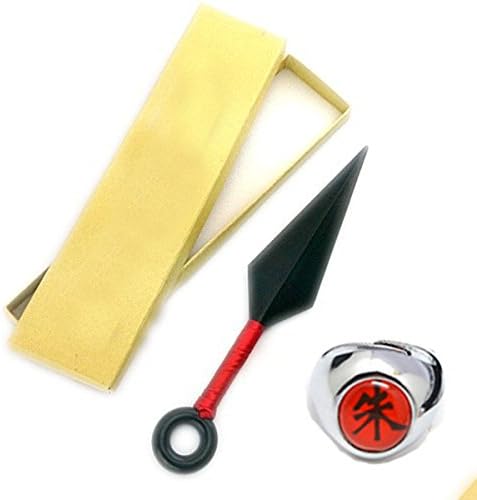 2 Pcs Naruto Kunai knives and Uchiha Itachi SHU ring Plastic Toy For Anime Cosplay（Red）