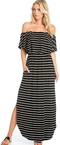 RED STITCH Women's Ruffle Off-Shoulder Jersey Maxi Dress w/Side Pockets (Large, stripped_Black)