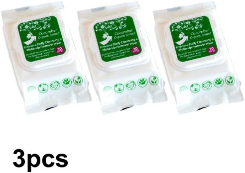 3 Pack Organic Cucumber Daily Cleansing & Makeup Remover Wipes with Organic Aloe Vera Extract, Alcohol