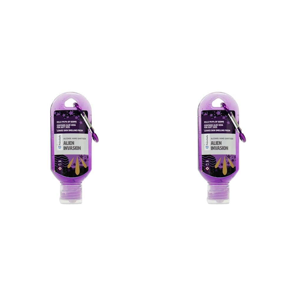 Palm Safe Alien Invasion 60ml Anti Bacterial Premium Hand Sanitiser Travel Size Refillable Clip Bottle Quick Drying Non Sticky Extra Moisturising Kills 99.9% of Viruses (Pack of 2)