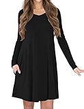 Womens V-Neck Long Sleeve A-line Casual Swing Tshirt Dress with Pocket XXL Black