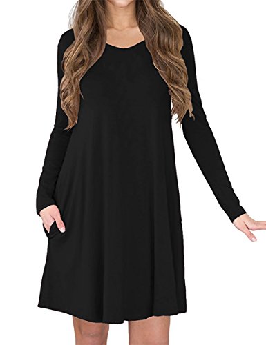 Womens V-Neck Long Sleeve A-line Casual Swing Tshirt Dress with Pocket XXL Black