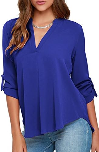 Roberoody Womens Casual Chiffon Ladies V-Neck Cuffed Sleeves Solid Blouse Tops,Medium,DarkBlue