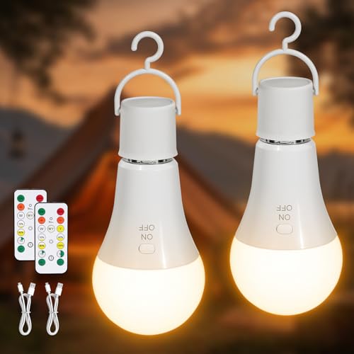 Kimjo Rechargeable Bulb with Battery - Rechargeable Bulb with Remote Control E27 7W - Camping Lamp USB 3 Colours Dimmable - Button Control Outdoor Emergency Light Pack of 2