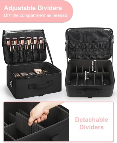 Relavel XXL Professional Makeup Case with Brush Holder, 4 Clear Pockets, Lipstick Tray, Shoulder Strap and Adjustable Compartments for Makeup Artists