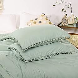 Smoofy Pom Fringe Comforter Set Queen Size Sage