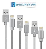 iPhone Charger Novtech 3pack 3ft 6ft 10ft Durable Nylon Braided Lightning Cable for iPhone 7 7 Plus 6s 6s Plus 6 6 plus 5s 5c 5 iPad Air iPad mini iPod (gray)