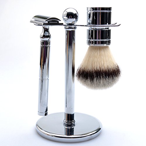 CSB Old Fashioned Shaving Set For Men Best Synthetic Hair Brush For Cream Or Soap, DE Double Edege Razor, Stand, Bolw and 10pcs Blades in Black Gift Box