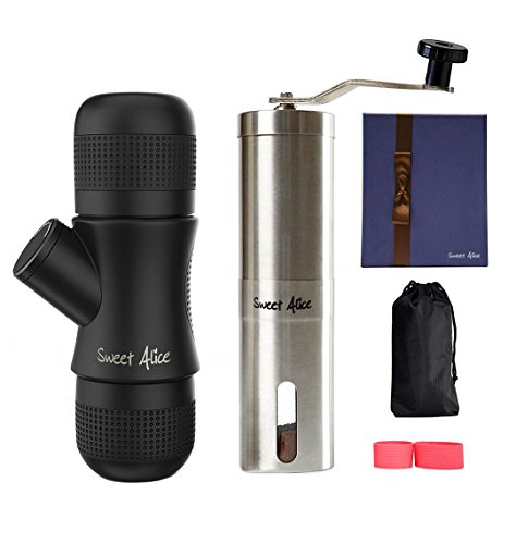 Travel Coffee Maker with Grinder Set ,Manual Hand Grind and Brew Coffee Maker with Conical Burr Stainless Steel Blades,Sweet Alice Portable Outdoor Mini Espresso Grinder Maker Set