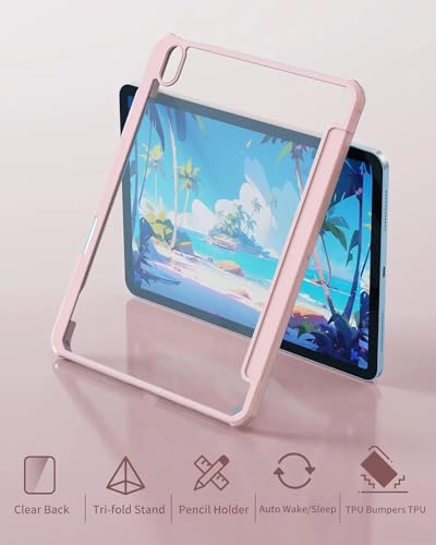 Case for iPad (A16) 11th Generation 11 inch 2025, iPad 10th Generation 10.9 inch 2022 with Pencil Holder, Clear Transparent Back Shell with Shockproof Cover, Auto Sleep (Pink)
