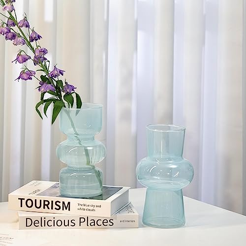 2PCS Glass Vase Blue Transparent, Hydroponic Bubble Glass Vases for Flowers, ViViTOP Modern Style Decorative Medium Vases for Centerpieces Home Decor Wedding Reception Table(7\