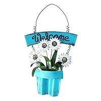 Goodman and Wife Handmade Decorative Metal Shabby Chic Welcome Sign with White Daisies in Blue Planter. Blue