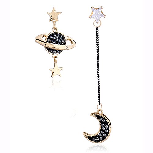 Holrea 1Pair Creative Star Moon Ear Stud Rhinestone Dangle Asymmetrical Earrings Womens Stud Earrings Jewelry Gift Pierced Long Pendant Earring for Daily Party Pom Random