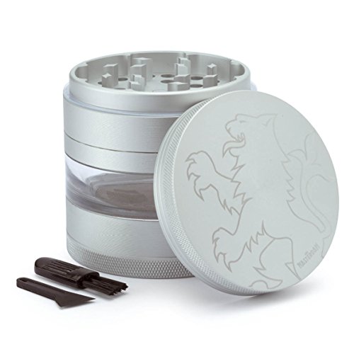 Masterdam Grinders Lion Series Large 5 Piece Herb Grinder with Removable Pollen Screen - 63mm - 2.5 Inch Satin Silver Aluminum