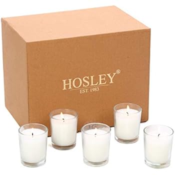 Hosley Set of 24 Unscented Clear Glass Wax Filled Votive Candles Up to 12 Hour Burn Time Glass Votive and Hand Poured Candle Included Ideal for Aromatherapy or Weddings and Party Favors O1