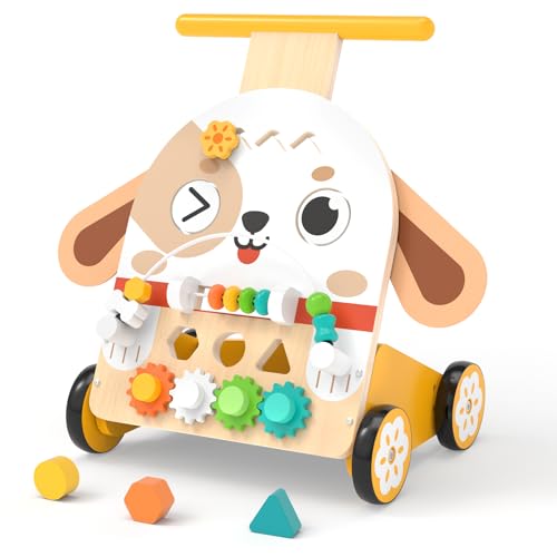 Fozcmisw Carrello Primi Passi Legno Cane Montessori 6-in-1, Girello 1 Anno | Carrello Primi Passi a Forma di Cane, 6-in-1: Labirinto di Perline, Selezionatore di Forme, Ingranaggi & Altro