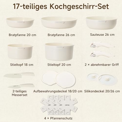 JEETEE Pot and Pan Sets with Removable Handle, 17-Piece Non-Stick Pan Set, Induction Pot Set, Cooking Pot Set with Lid and Knife, Compatible with All Cookers, PFOS/PFOA Free, Beige