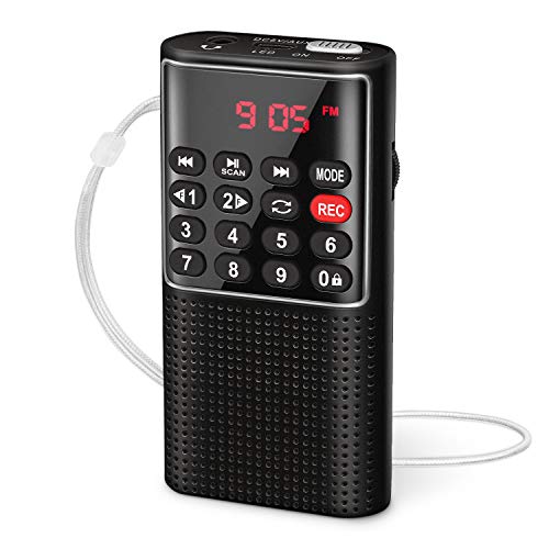 PRUNUS J-328 Portable FM Radio with Recorder, Rechargeable Small Portable Radio, Mini Digital Pocket Radio with SD/TF/AUX Music Player, Small Radio for Running, Travel(Black)