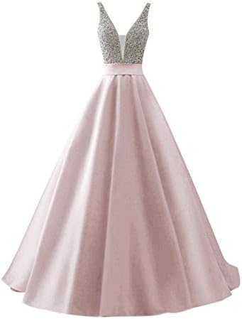Harsuccting Deep V-Neck Beaded Backless Long Satin Prom Dress with Pocket