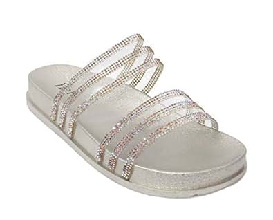 Amazon.com | H2K Women's Glitter Crystal Rhinestone Slip On Flatform Open Toe Buckle Strap Slide 