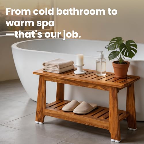 NNN 30" Commercial Teak Shower Bench - 8 Non-Slip Leveling Feet & 350 lbs Capacity | Rock-Solid Stability for Seniors & Spa Safety | Waterproof Design for Saunas/Outdoor Pools (Patented)